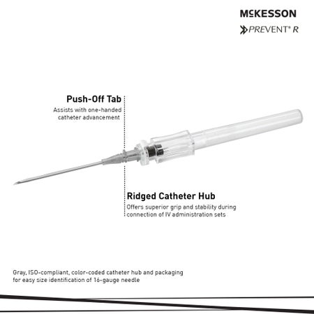 Peripheral IV Catheter McKesson 16 Gauge 1.16 Inch Polyurethane Straight Hub Non Blood Control Push Button Safety