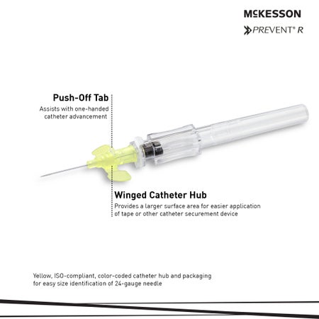 Peripheral IV Catheter McKesson 24 Gauge 3/4 Inch Polyurethane Winged Hub Non Blood Control Push Button Safety
