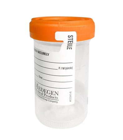 Specimen Container with Temperature Strip 48 mm Diameter 90 mL (3 oz.) Screw Cap Patient Information Sterile