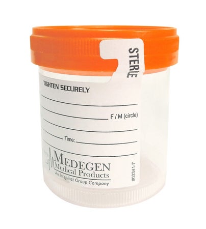 Specimen Container with Temperature Strip 53 mm Diameter 90 mL (3 oz.) Screw Cap Patient Information Sterile