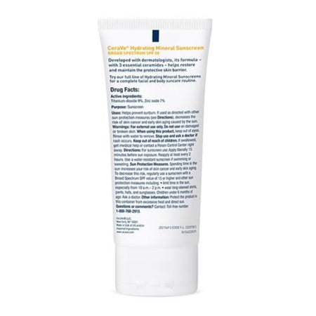 Sunscreen CeraVe® Hydrating Mineral Sunscreen Face SPF 50 Lotion 2.5 oz. Tube