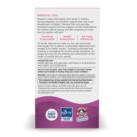 Dietary Supplement Nordic Naturals® Prenatal DHA Vitamin D3 10 mcg Strength Softgel 90 per Bottle