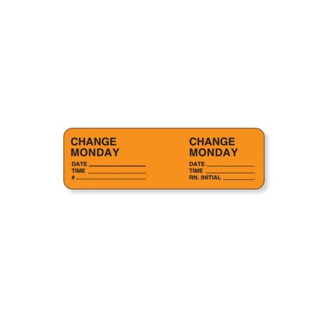 Pre-Printed Label PDC® Auxiliary Label Orange Permanenet Paper Change Monday Date_Time_#_ Black Safety and Instructional 7/8 X 7/8 Inch