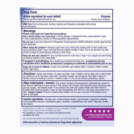 Urinary Pain Relief AZO® 95 mg Strength Penazopyridine Hcl Tablet 30 per Box