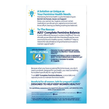 Dietary Supplement AZO® Complete Feminine Balance Intelliflora™ Blend 5 Billion CFU Capsule 30 per Bottle