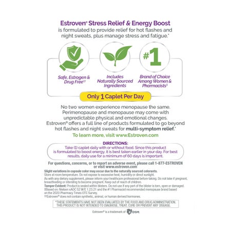 Dietary Supplement Estroven® Stress Relief & Energy Boost Calcium / Black Cohosh Root Extract / Soy Isoflavones 90 mg - 80 mg - 60 mg Strength Caplet 28 per Box