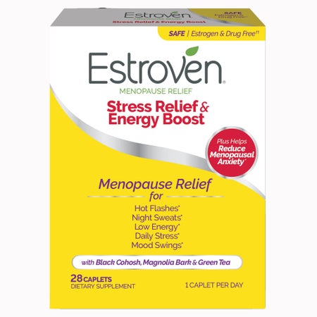 Dietary Supplement Estroven® Stress Relief & Energy Boost Calcium / Black Cohosh Root Extract / Soy Isoflavones 90 mg - 80 mg - 60 mg Strength Caplet 28 per Box