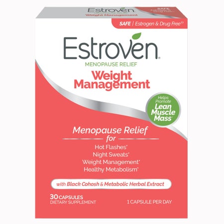 Dietary Supplement Estroven® Menopause Relief Weight Management Black Cohosh Root Extract / Soy Isoflavones / Cissus quadrangularis Steam and Leaf Extract 40 mg - 56 mg - 300 mg Strength Capsule 28 per Box