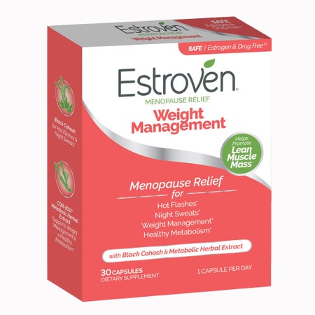Dietary Supplement Estroven® Menopause Relief Weight Management Black Cohosh Root Extract / Soy Isoflavones / Cissus quadrangularis Steam and Leaf Extract 40 mg - 56 mg - 300 mg Strength Capsule 28 per Box