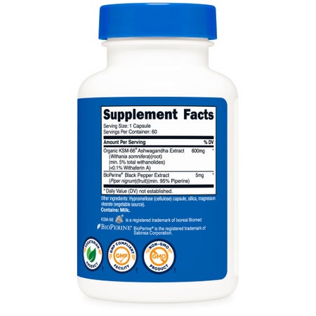 Dietary Supplement nutricost® KSM-66® Ashwagandha Extract / Black Pepper Extract 600 mg - 5 mg Strength Capsule 60 Per Bottle