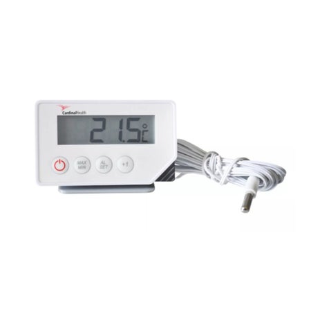 Digital Thermometer with Alarm Cardinal Health™ Fahrenheit / Celsius -40° to +158°F (-40° to +70°C) External Probe Flip-out Stand / Magnet Battery Operated