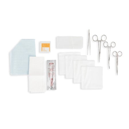 Wound Closure Tray Cardinal 1 Needle Holder 5 Inch, 1 Drape, 1 PVP Prep Pad, 1 Plastic Bag, 1 Towel, 1 Iris Scissors, 1 Halstead Forceps, 1 Adson Forceps, 4 Gauze 4X4, 1 Alcohol prep pad