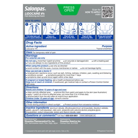 Topical Pain Relief Salonpas® 4% Strength Lidocaine Patch 6 Per Box