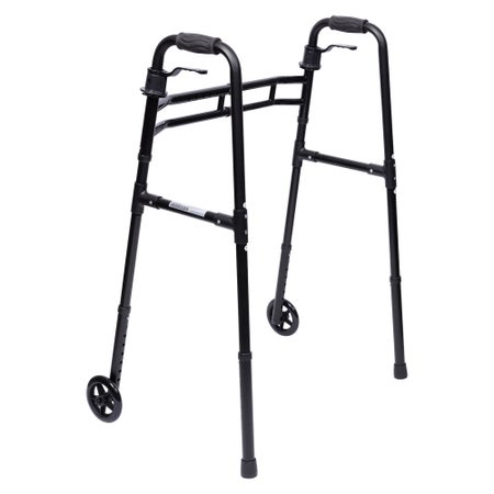 Dual Release Folding Walker with Wheels Paddle Type MedaCure® Aluminum Frame 400 lbs. Weight Capacity 30 to 39 Inch Height
