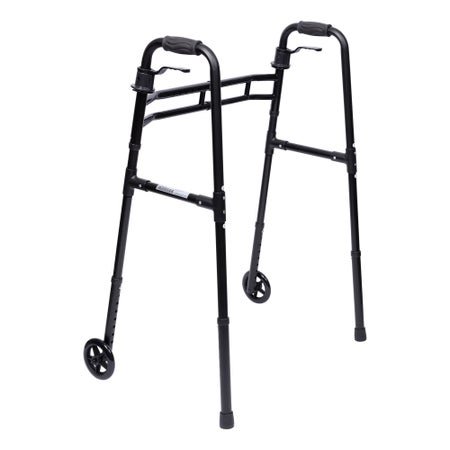 Dual Release Folding Walker with Wheels Paddle Type MedaCure® Aluminum Frame 400 lbs. Weight Capacity 30 to 39 Inch Height