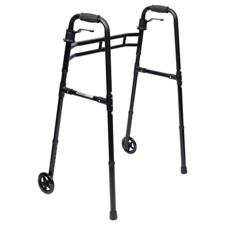 Dual Release Folding Walker with Wheels Paddle Type MedaCure® Aluminum Frame 400 lbs. Weight Capacity 30 to 39 Inch Height