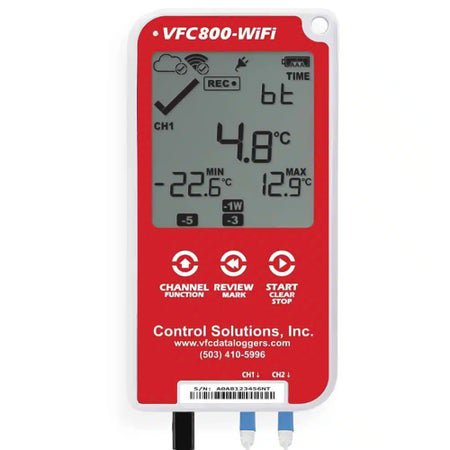 Refrigerator / Freezer Vaccine Data Logger with Alarm LogTag® VFC 800-WiFi Fahrenheit / Celsius -40° to 210°F (-40° to +99°C) Glycol Bottle Probe AC Adaptor / USB / Battery Backup