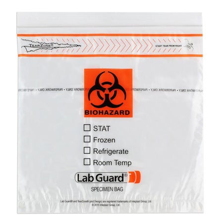 Specimen Transport Bag with Document Pouch Lab Guard® TearZone® 10 X 10 Inch Zip Closure Biohazard Symbol / Storage Instructions NonSterile