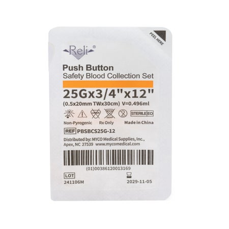 RELI® Safety Slide™ Blood Collection Set 25 Gauge 3/4 Inch Needle Length Safety Needle 12 Inch Tubing Sterile