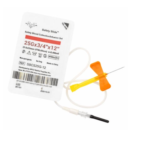 RELI® Safety Slide™ Blood Collection Set 25 Gauge 3/4 Inch Needle Length Safety Needle 12 Inch Tubing Sterile