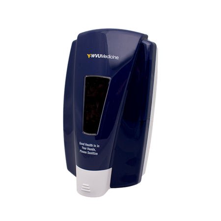 Custom Hand Sanitizer Dispenser Blue / White WVU Logo Manual Push 1000 mL Wall Mount