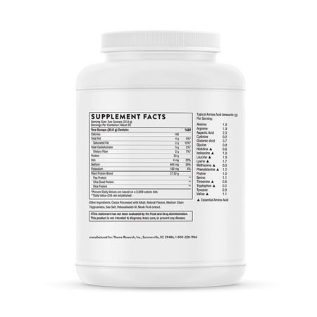 Oral Supplement THORNE® Plant Protein Chocolate Flavor Powder 23.8 oz. Canister