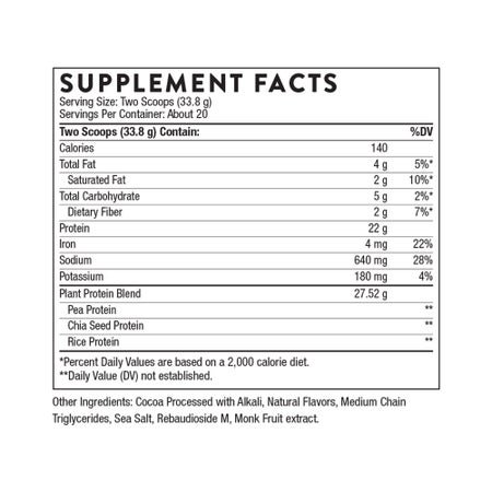 Oral Supplement THORNE® Plant Protein Chocolate Flavor Powder 23.8 oz. Canister