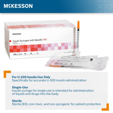 Standard Insulin Syringe with Needle McKesson 1 mL 1/2 Inch 29 Gauge NonSafety