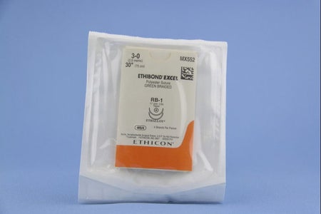 Nonabsorbable Suture with Needle Ethibond Polyester RB-1 1/2 Circle Taper Point Needle Size 3-0 Braided