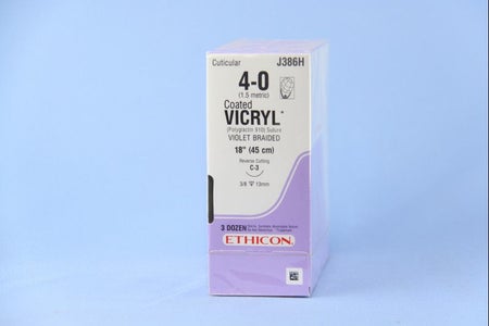 Absorbable Suture with Needle Coated Vicryl™ Polyglactin 910 C-3 3/8 Circle Reverse Cutting Needle Size 4-0 Braided