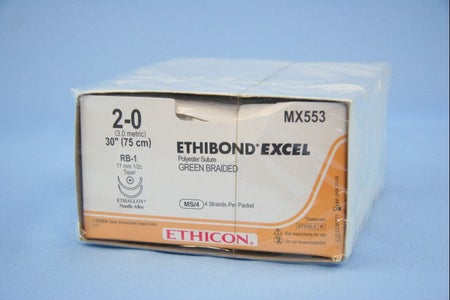 Nonabsorbable Suture with Needle Ethibond Polyester RB-1 1/2 Circle Taper Point Needle Size 2-0 Braided