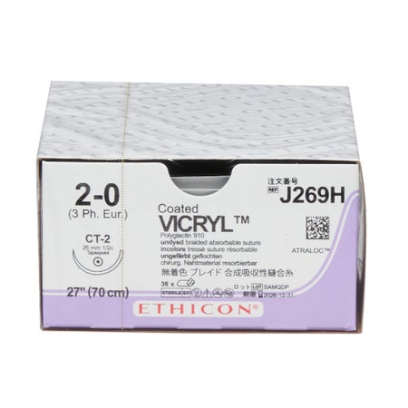 Absorbable Suture with Needle Coated Vicryl™ Polyglactin 910 CT-2 1/2 Circle Taper Point Needle Size 2-0 Braided