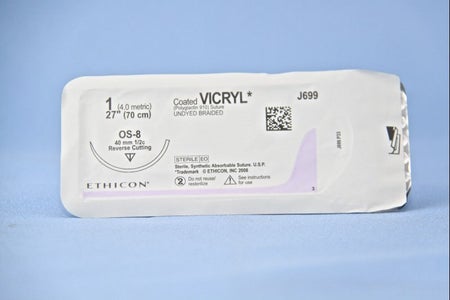 Absorbable Suture with Needle Coated Vicryl™ Polyglactin 910 OS-8 1/2 Circle Reverse Cutting Needle Size 1 Braided