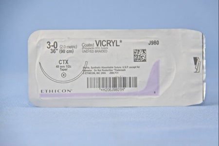 Absorbable Suture with Needle Coated Vicryl™ Polyglactin 910 CTX 1/2 Circle Taper Point Needle Size 3-0 Braided