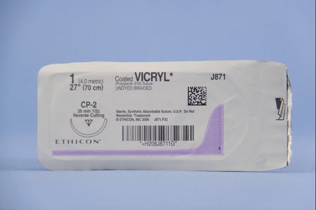 Absorbable Suture with Needle Coated Vicryl™ Polyglactin 910 CP-2 1/2 Circle Reverse Cutting Needle Size 1 Braided