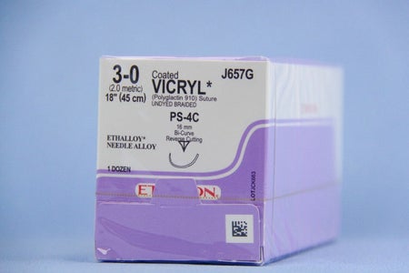 Absorbable Suture with Needle Coated Vicryl™ Polyglactin 910 PS-4C 1/2 Circle - Compound Curve Precision Reverse Cutting Needle Size 3-0 Braided