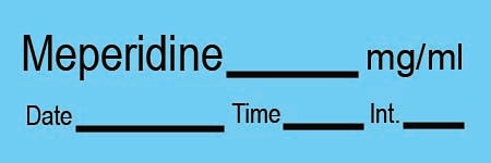Drug Label Timemed Anesthesia Label Tape Meperidine_mg/mL Date_Time_Int Blue 1/2 X 1-1/2 Inch
