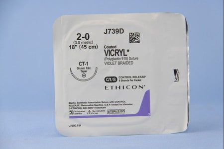 Absorbable Suture with Needle Coated Vicryl™ Polyglactin 910 CT-1 1/2 Circle Taper Point Needle Size 2-0 Braided