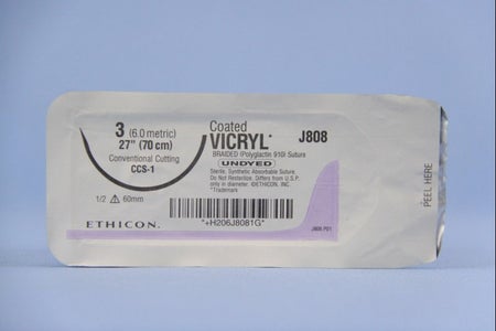 Absorbable Suture with Needle Coated Vicryl™ Polyglactin 910 CCS-1 1/2 Circle Conventional Cutting Needle Size 3 Braided