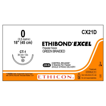 Nonabsorbable Suture with Needle Ethibond Polyester CT-1 1/2 Circle Taper Point Needle Size 0 Braided
