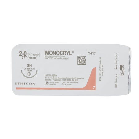 Absorbable Suture with Needle Monocryl™ Poliglecaprone SH 1/2 Circle Taper Point Needle Size 2-0 Monofilament
