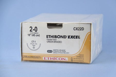 Nonabsorbable Suture with Needle Ethibond Polyester CT-1 1/2 Circle Taper Point Needle Size 2-0 Braided