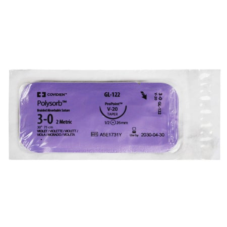 Absorbable Suture with Needle Polysorb™ Polyester V-20 1/2 Circle Taper Point Needle Size 3-0 Braided