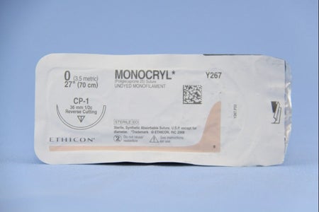 Absorbable Suture with Needle Monocryl™ Poliglecaprone CP-1 1/2 Circle Reverse Cutting Needle Size 0 Monofilament