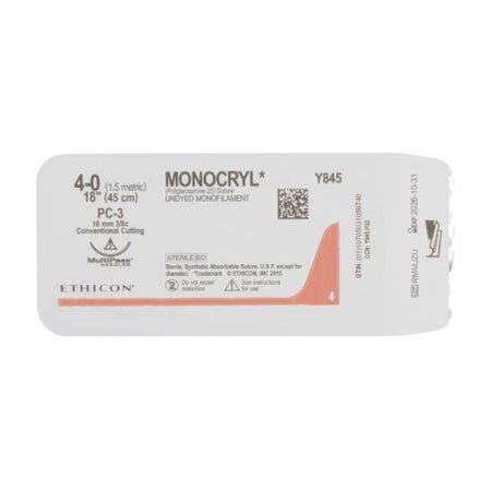Absorbable Suture with Needle Monocryl™ Poliglecaprone PC-3 3/8 Circle Precision Conventional Cutting Needle Size 4-0 Monofilament