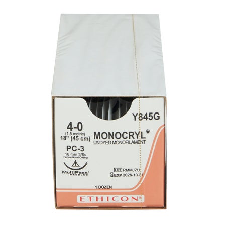 Absorbable Suture with Needle Monocryl™ Poliglecaprone PC-3 3/8 Circle Precision Conventional Cutting Needle Size 4-0 Monofilament