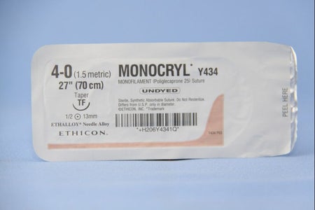 Absorbable Suture with Needle Monocryl™ Poliglecaprone TF 1/2 Circle Taper Point Needle Size 4-0 Monofilament