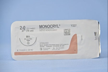 Absorbable Suture with Needle Monocryl™ Poliglecaprone MH 1/2 Circle Taper Point Needle Size 2-0 Monofilament
