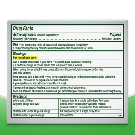 Laxative Dulcolax® Suppository 8 per Box 10 mg Strength Bisacodyl USP