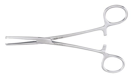 Hemostatic Forceps Miltex® Rochester-Ochsner 6-1/4 Inch Length OR / Surgical Grade German Stainless Steel NonSterile Locking Finger Ring Handle Straight Serrated Tips with 1 X 2 Teeth